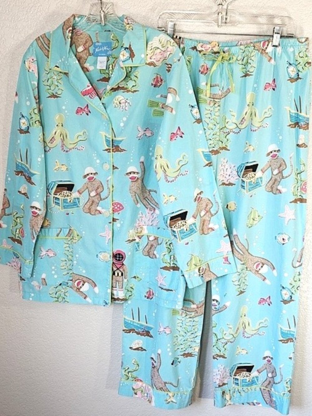 Nick & Nora Size L Pajama Set Sock Monkey Under The Sea
